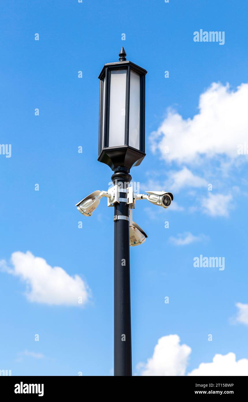 Moscow, Russia July 17, 2023 CCTV cameras on a lamp post Stock Photo