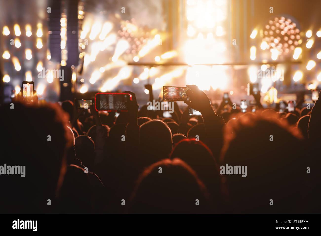 Performance of a popular group. The crowd with raised hands against the ...