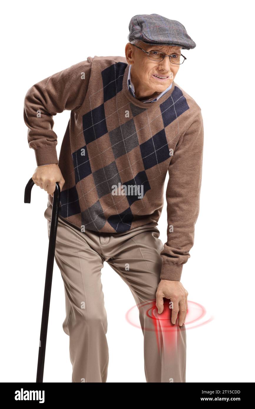 Senior man with a knee pain and red inflammation spot walking with a cane isolated on white
