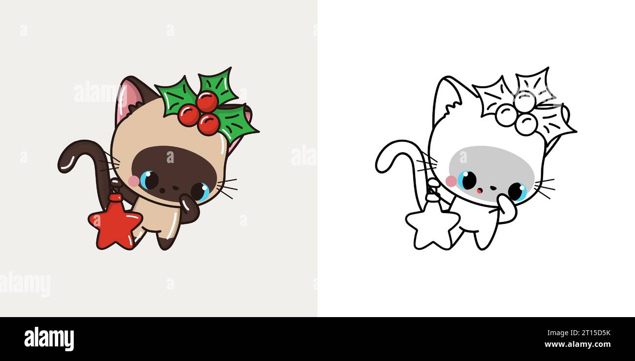 Set Christmas Siamese Cat Multicolored and Black and White. Kawaii Clip ...