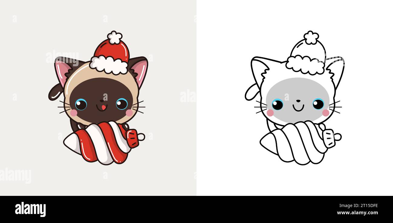 Set Christmas Siamese Cat Multicolored and Black and White. Kawaii Clip ...
