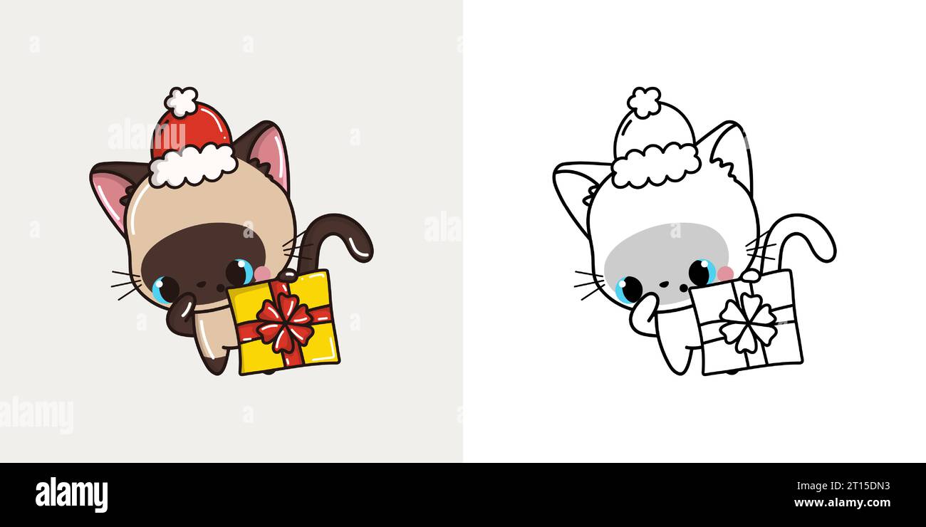 Kawaii New Year Siamese Cat Clipart Multicolored and Black and White ...