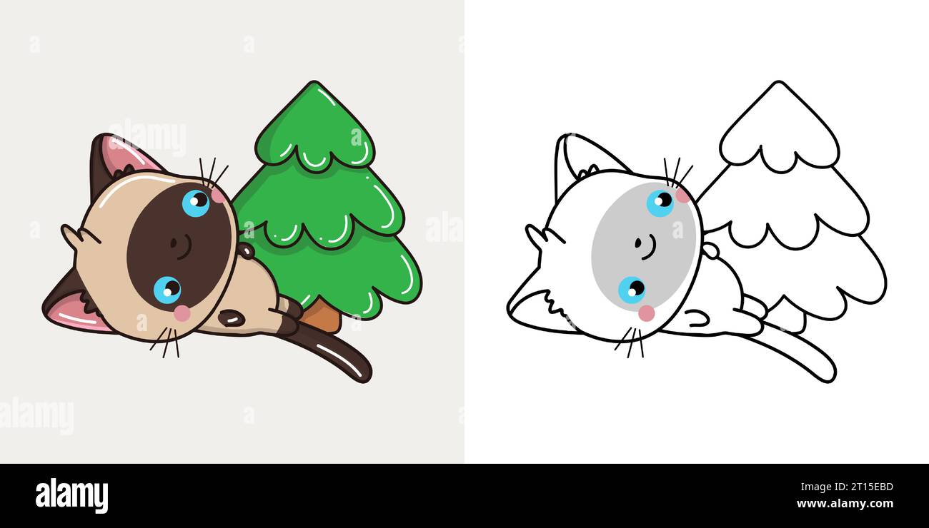 Kawaii Vector Xmas Siamese Cat Multicolored and Black and White ...
