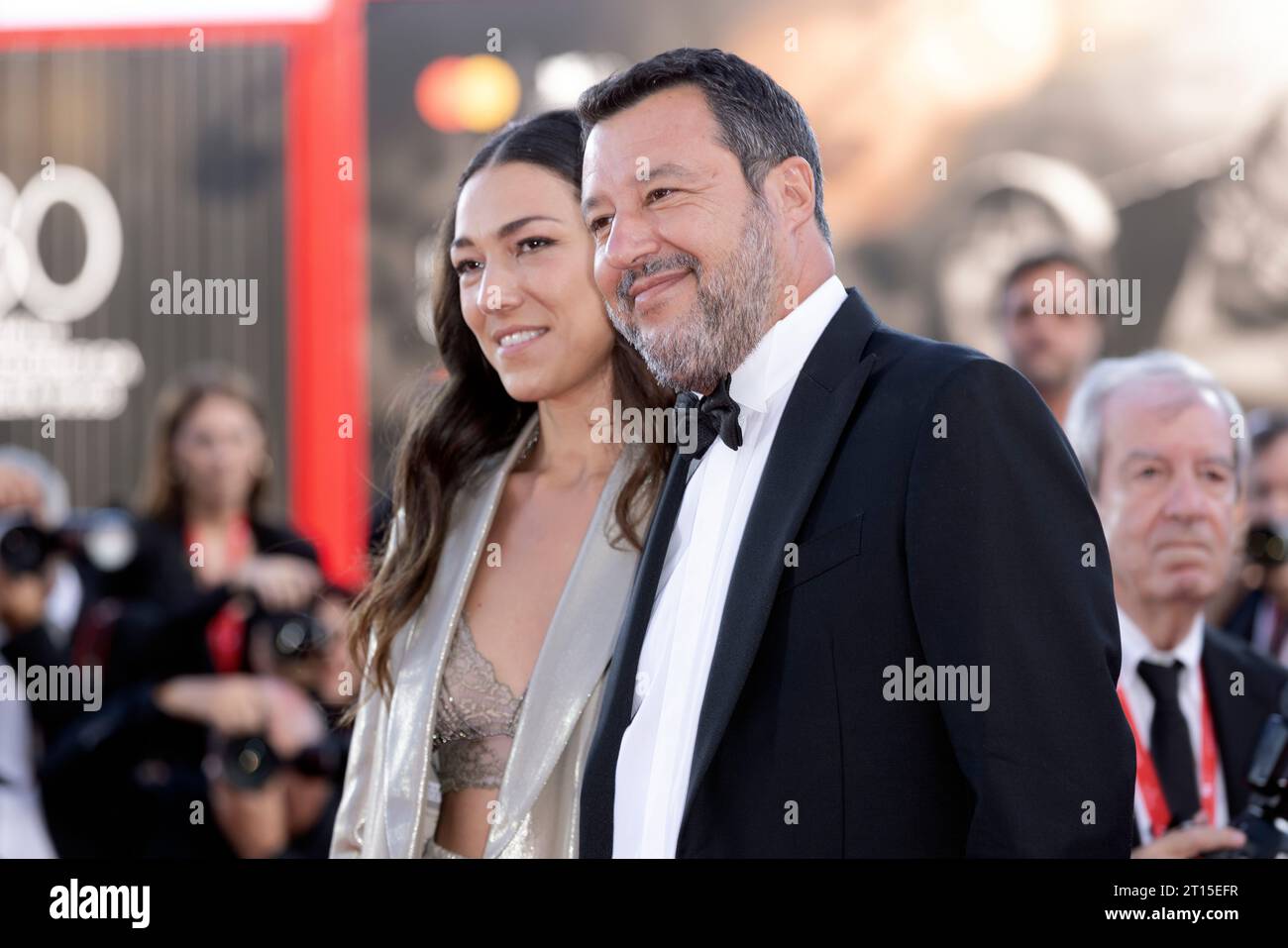 VENICE, ITALY - AUGUST 30: Francesca Verdini and Matteo Salvini attends the opening red carpet at the 80th Venice International Film Festival on Augus Stock Photo