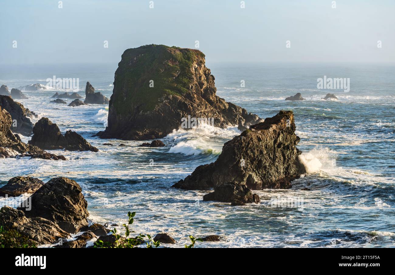 A view of land formations in the sea in Brookings, Oregon. Stock Photo