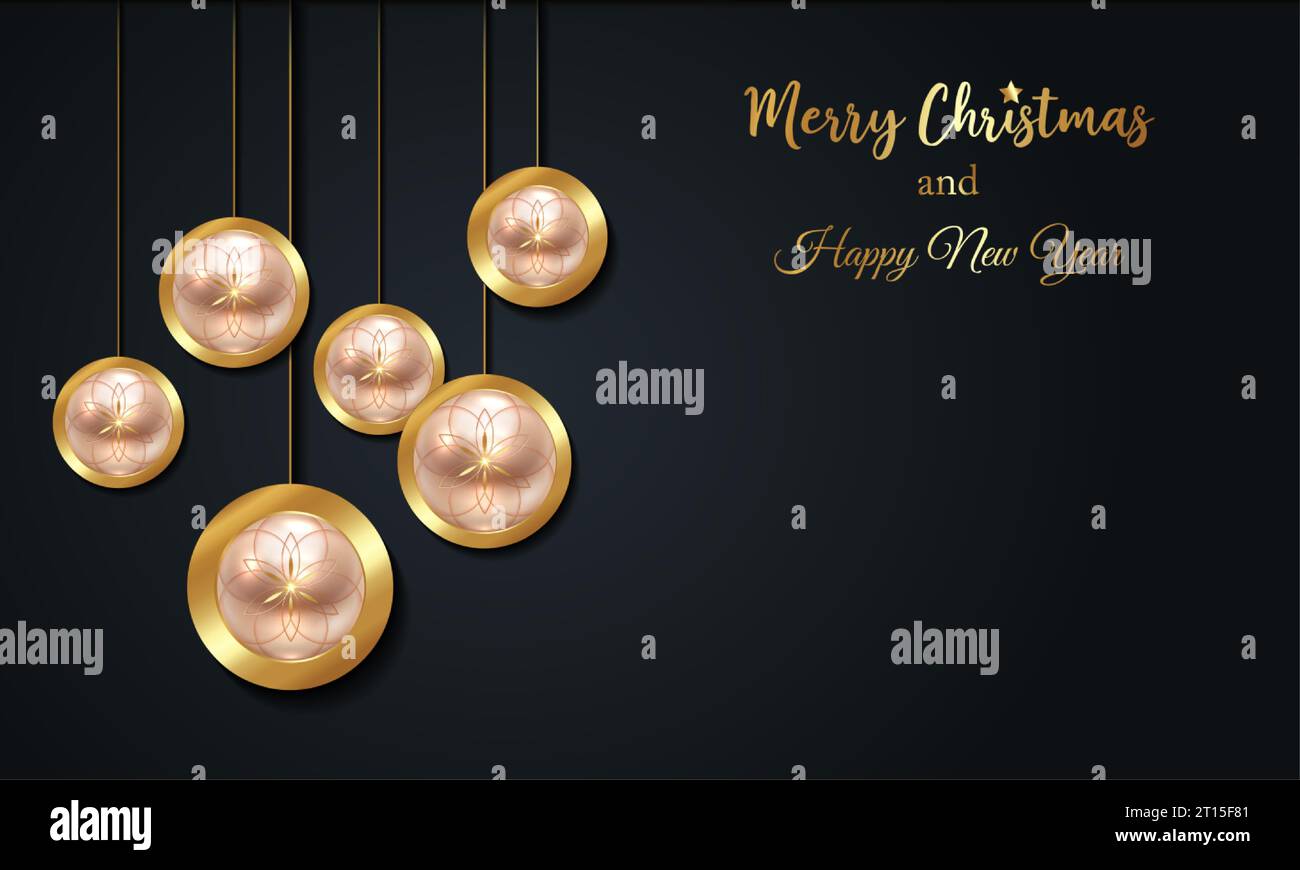 Christmas luxury holiday banner with gold handwritten Merry Christmas and Happy New Year greetings and gold colored Christmas balls. Vector Stock Vector