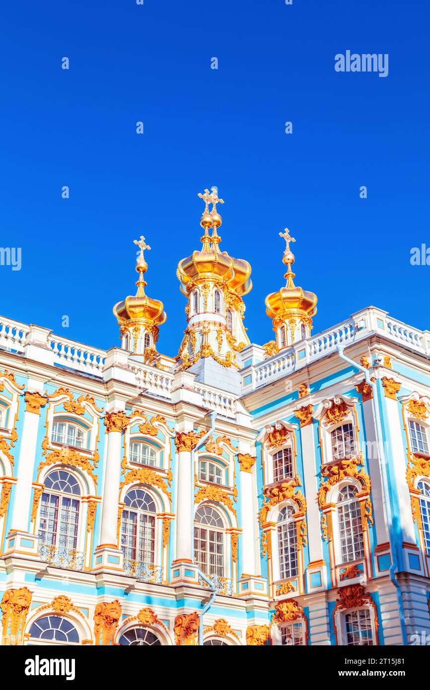 The majestic and beautiful Catherine Palace in Pushkin (Tsarskoe Selo) in golden autumn. St. Petersburg, Russia - October 10, 2023 Stock Photo