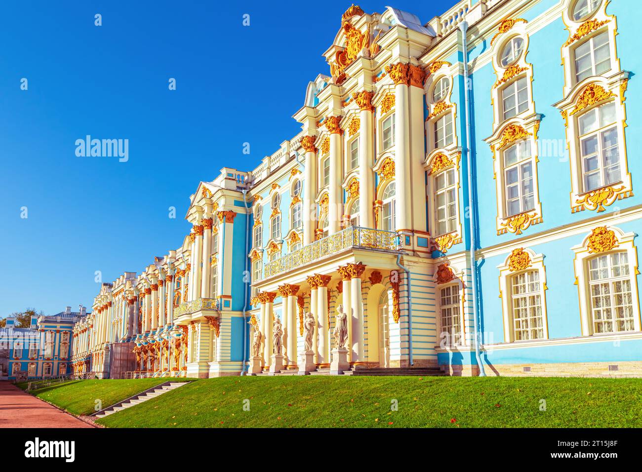The majestic and beautiful Catherine Palace in Pushkin (Tsarskoe Selo) in golden autumn. St. Petersburg, Russia - October 10, 2023 Stock Photo