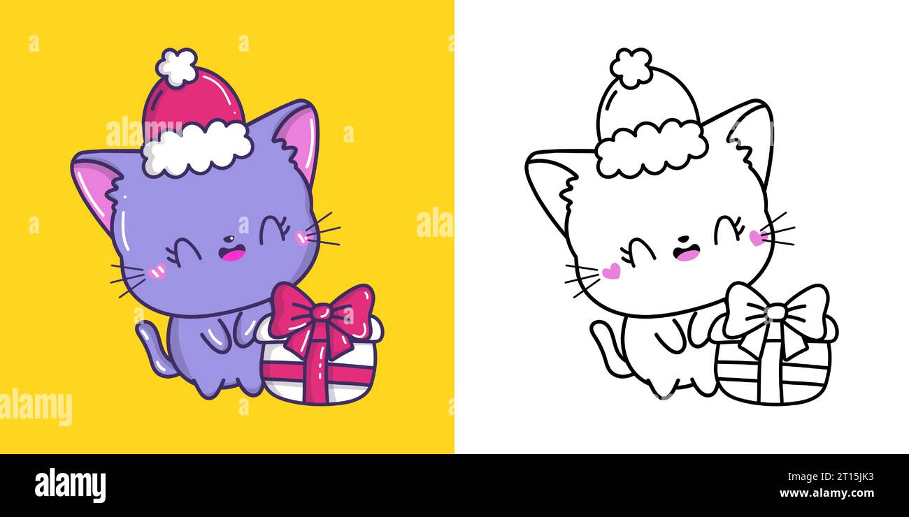 Clipart Christmas Cat Multicolored and Black and White. Cute Clip Art ...