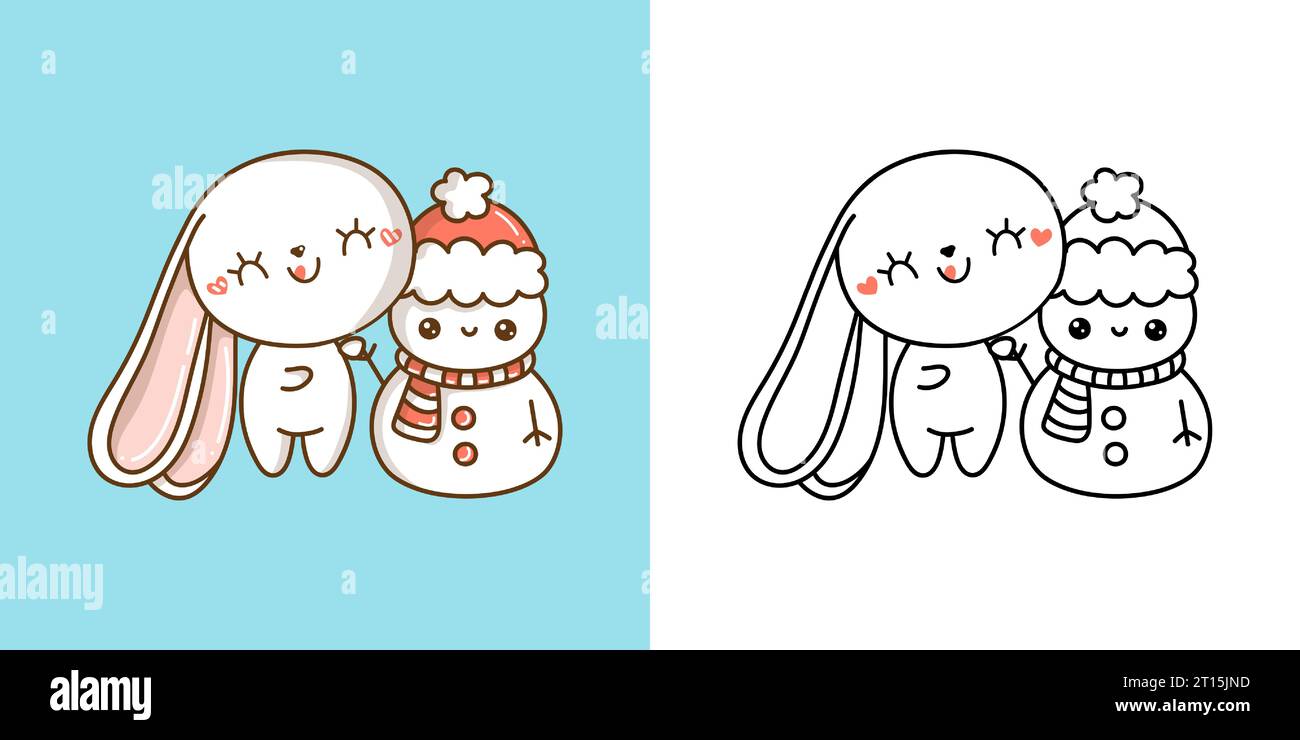 Set Clipart Christmas Rabbit Coloring Page and Colored Illustration ...