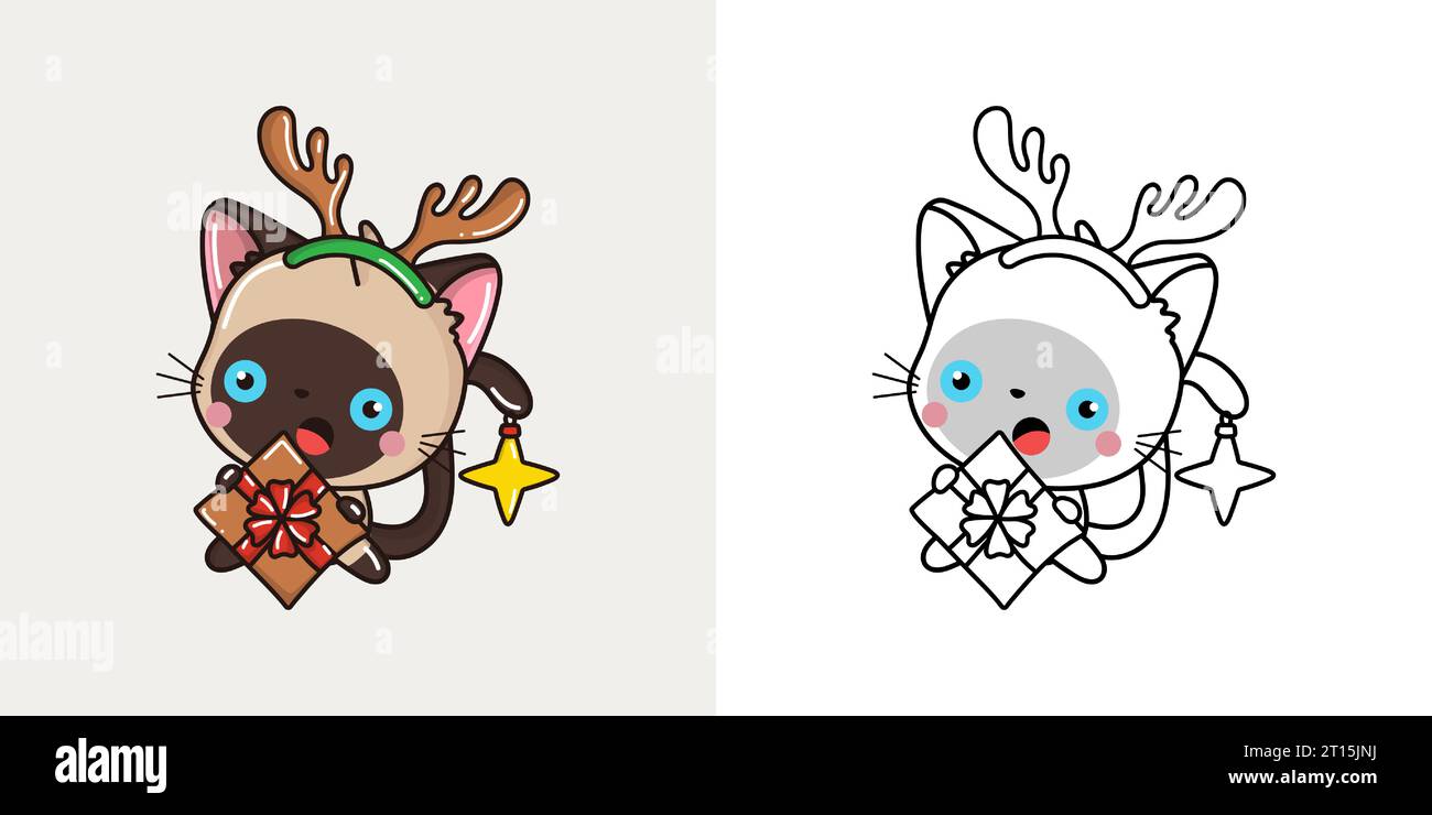 Cute Christmas Siamese Cat Clipart Illustration and Black and White ...