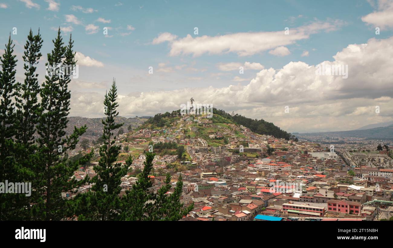 Quito, Pichincha / Ecuador - September 30 2023: Panoramic view of the historic center of the city of Quito with El Panecillo on the horizon during a c Stock Photo