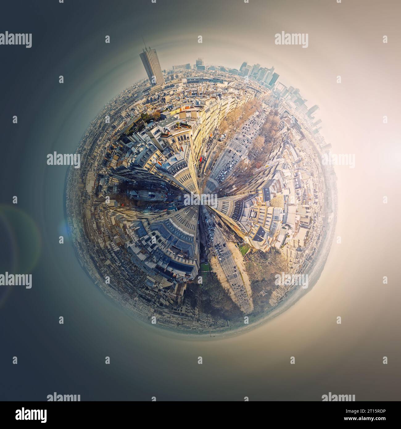 Aerial Paris as a micro planet in space. Sightseeing city panorama in shape o a globe with view to La Defense metropolitan district, France. Champs-El Stock Photo