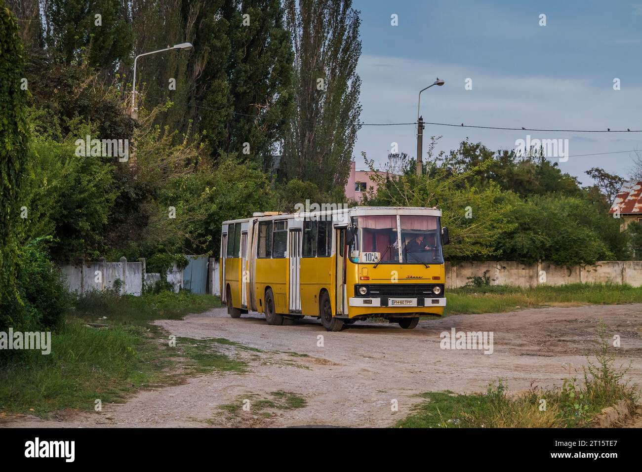 27.09.2017. Romania, Ploiesti, bus 104 terminus. One of many accordion doors Ikarus in Ploiesti that time wating for his departure to the town centre. Stock Photo