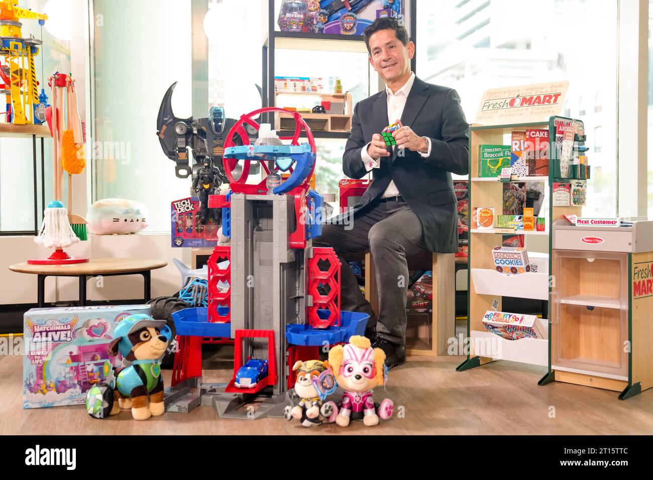 Toronto Canada October 11 2023. Spin Master CEO Max Rangel poses with toys after a press conference to announce a deal to buy U.S. based toy company Melissa Doug for US 950 million