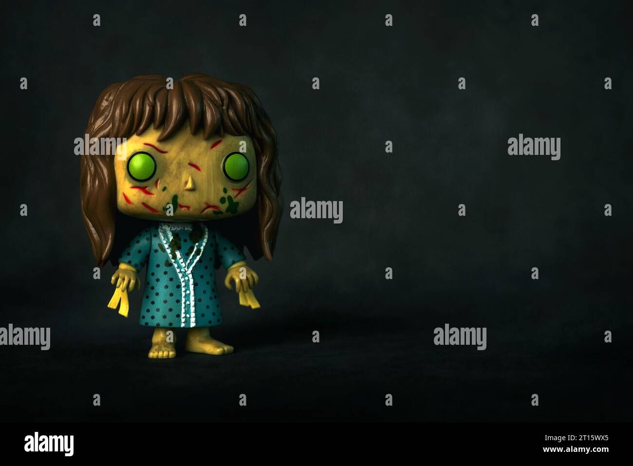 Funko POP vinyl figures of Regan from the movie The Exorcist over black background. Illustrative editorial of Funko Pop action figure Stock Photo