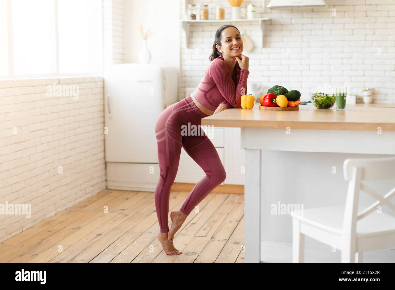 Fitness Woman Posing Near Dining Table At Home Kitchen Interior Stock ...