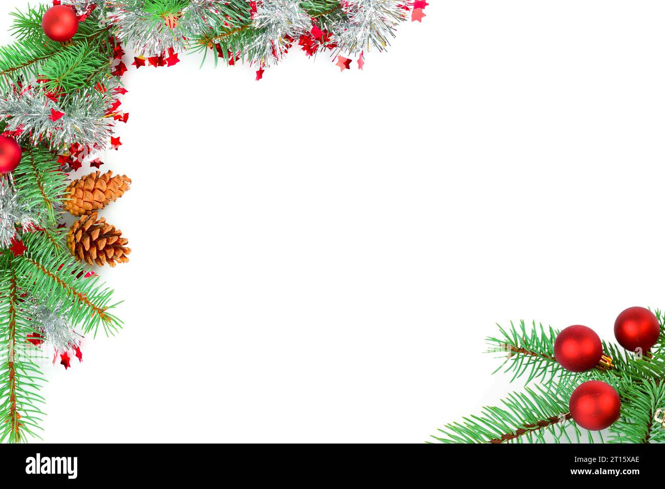 Christmas decoration baubles with branches of fir tree on white ...