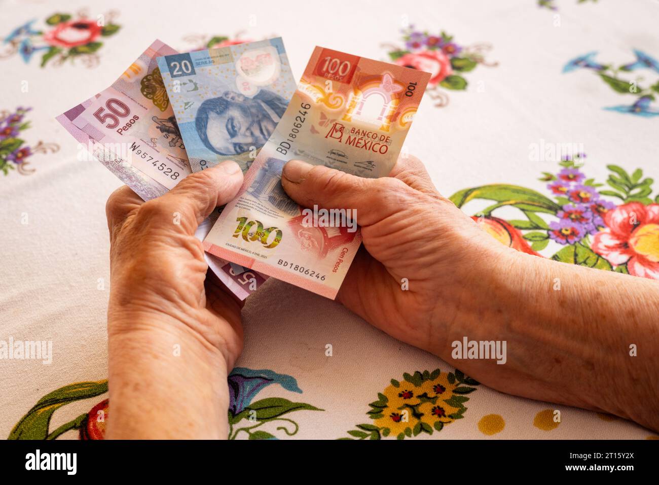Mexico money, Eldelry woman holds several mexican pesos banknotes in her hand, Financial problems of pensioners, low pensions, high prices Stock Photo
