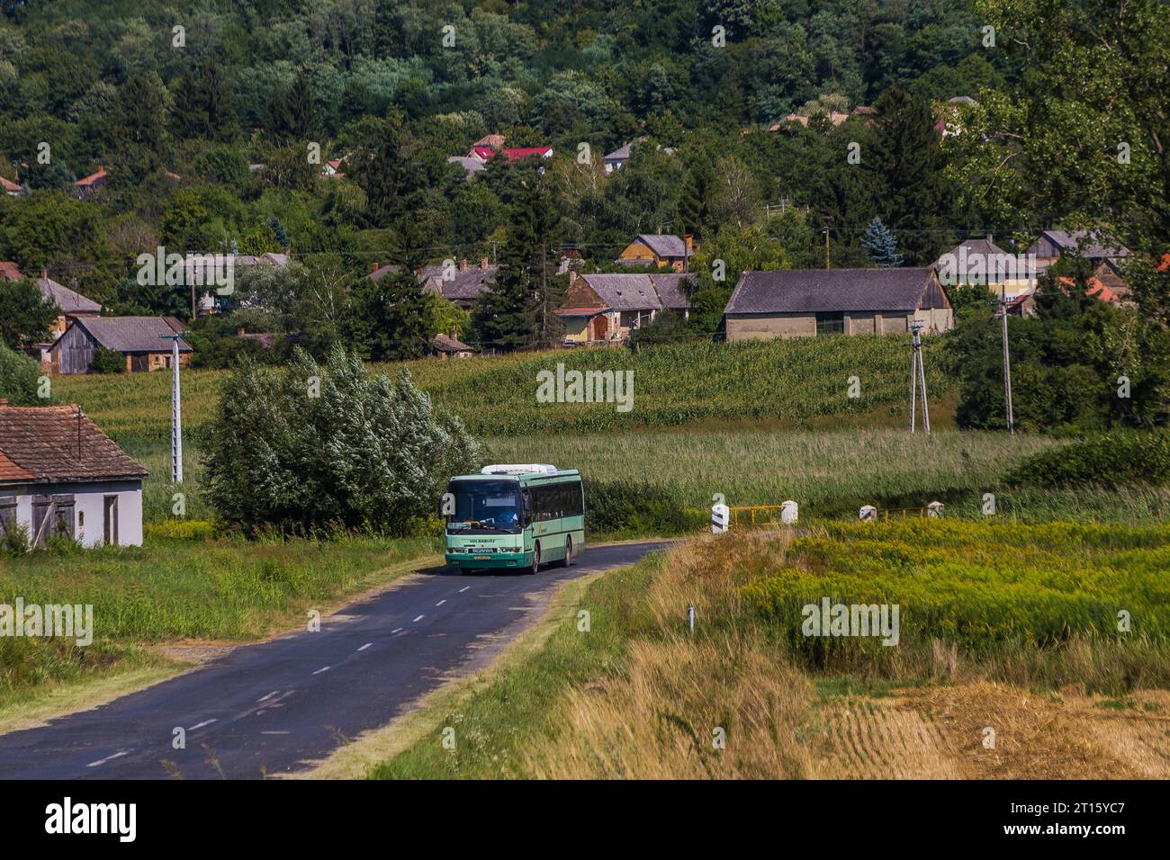 7.08.2021. Hungary, road between Zselickisfalud and Szilvasszentmarton. Ikarus EAG came here from Kaposvar. Stock Photo