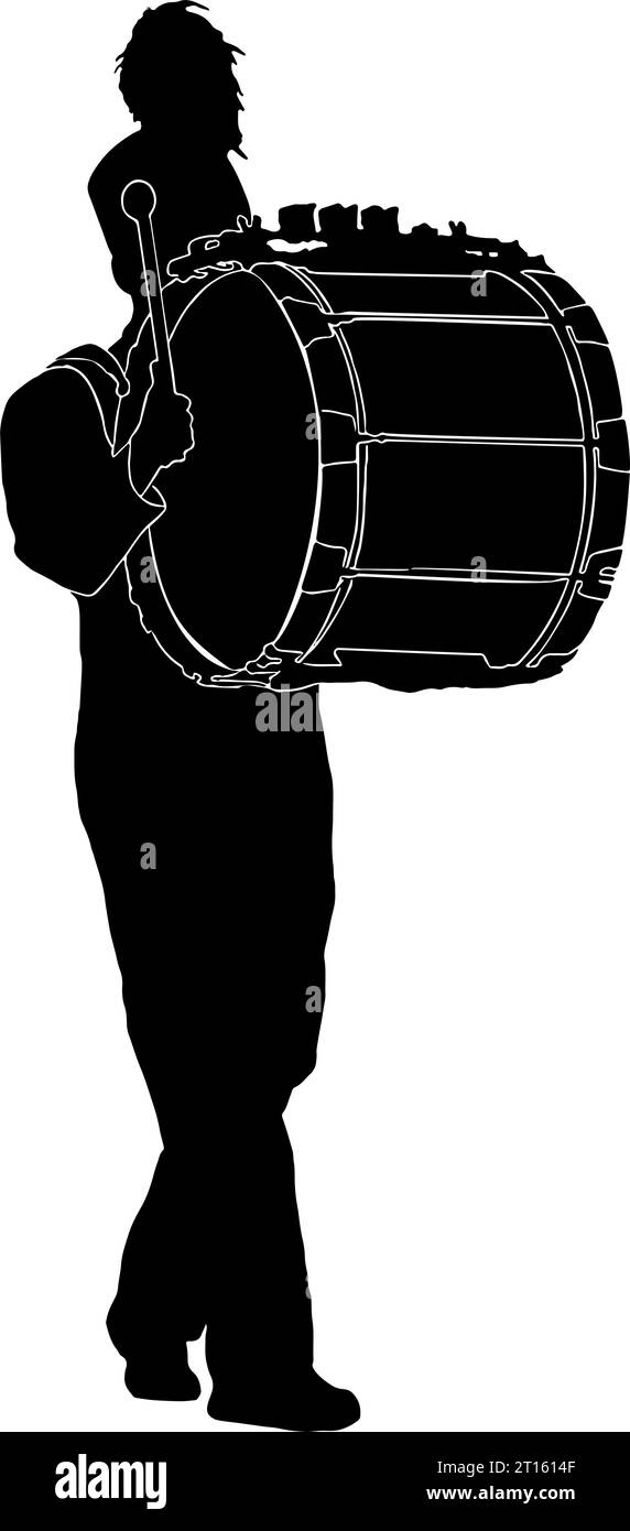 Marching band drummer in black silhouette with detail, isolated Stock