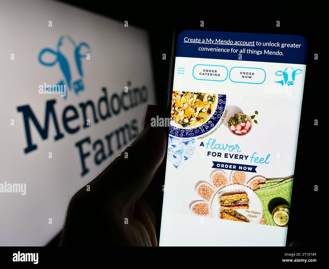 Person holding smartphone with webpage of US fast casual restaurant chain Mendocino Farms in front of logo. Focus on center of phone display. Stock Photo