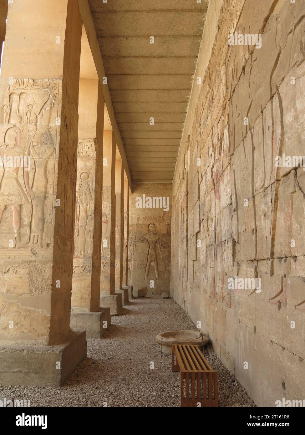 Carved stonework on the pillars and walls of the Ancient Temple of Seti I at the historic necropolis of Abydos, Egypt. Stock Photo