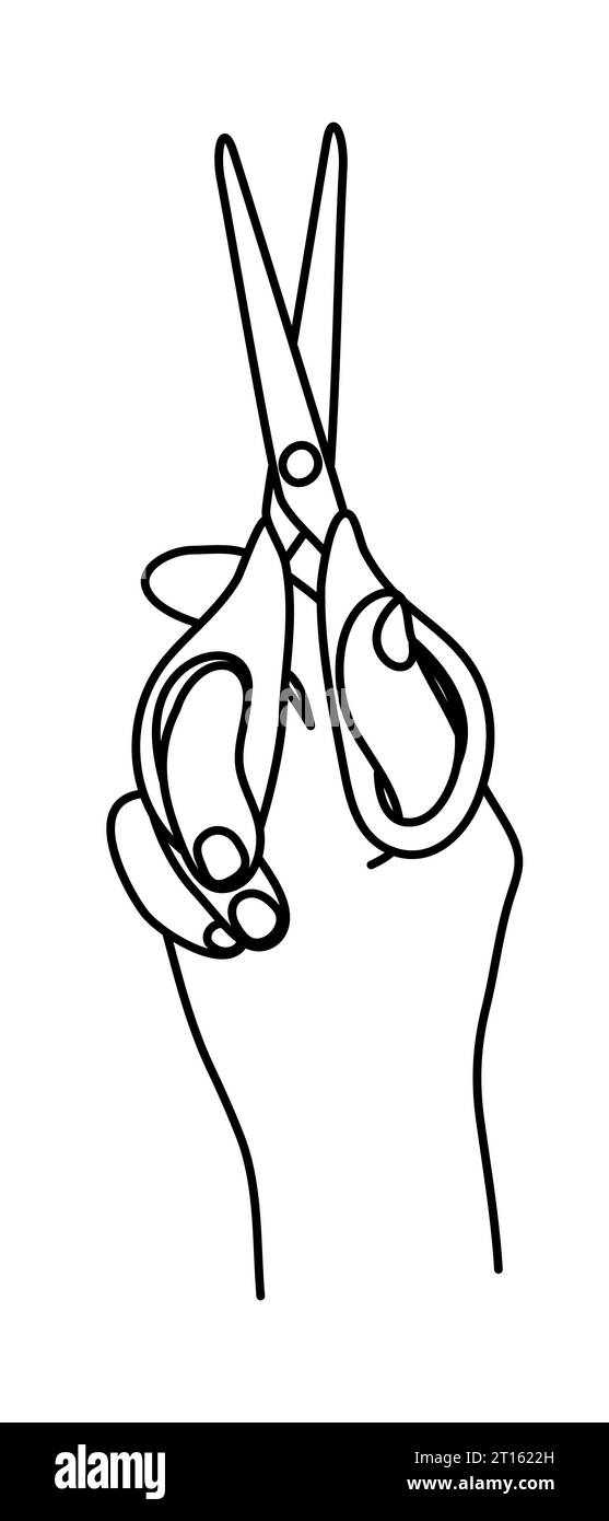 Hand holding scissors, cutting montion. Hand drawn with thin line