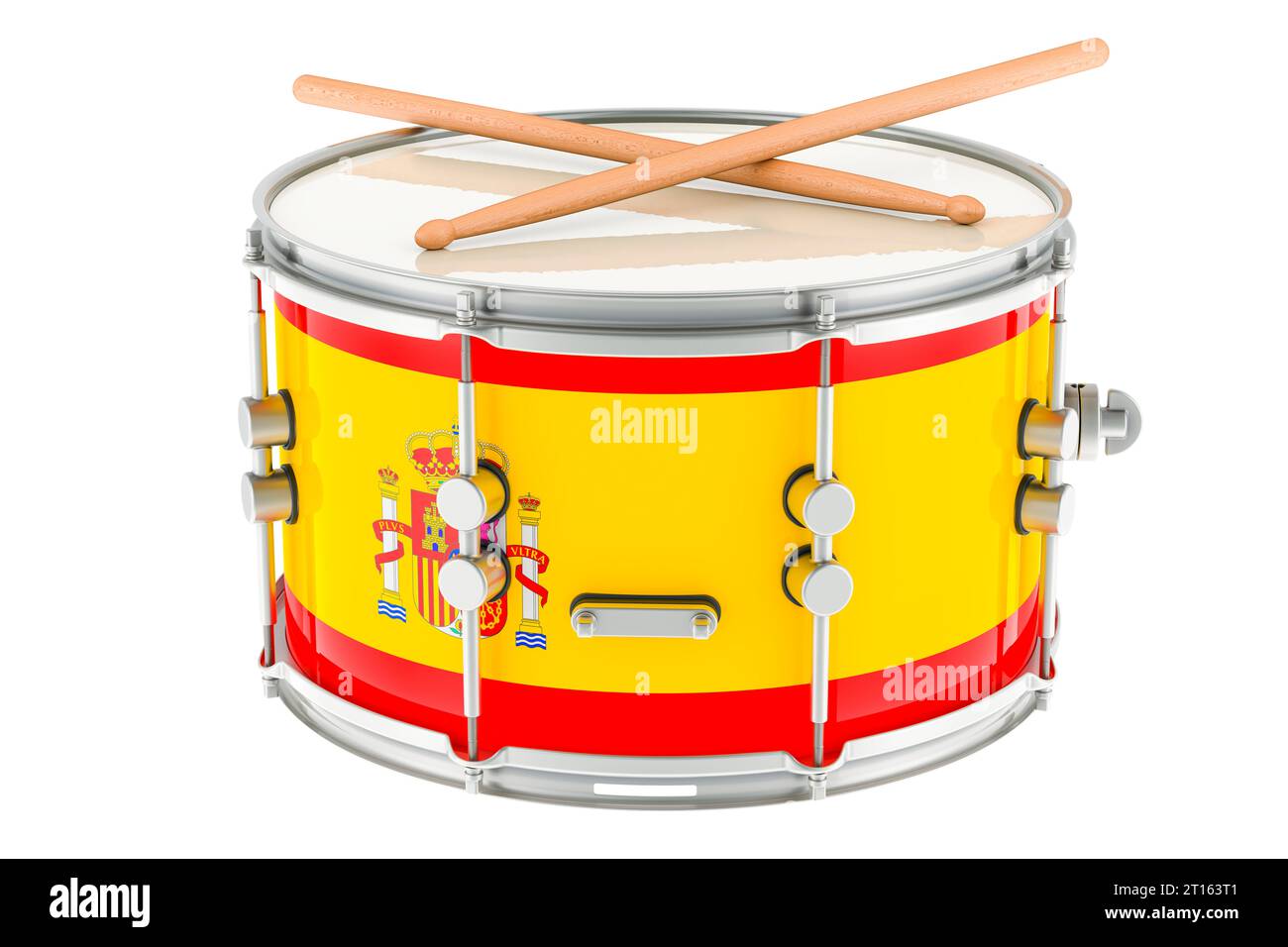 Marching drum with Spanish flag, snare drum with drumsticks. 3D