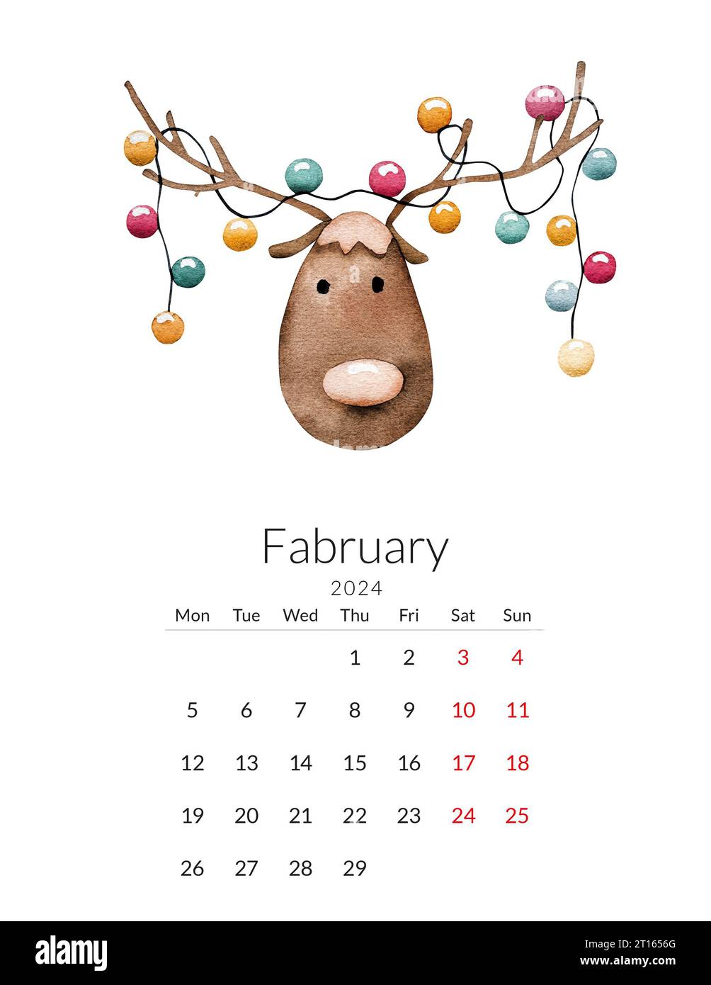 February 2025 calendar template. Handmade watercolor New Year's deer
