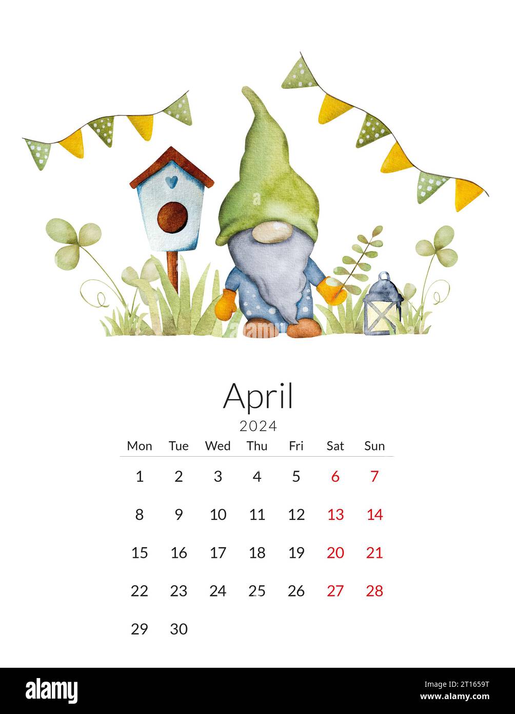 April 2024 calendar template. Handmade watercolor forest drawing with