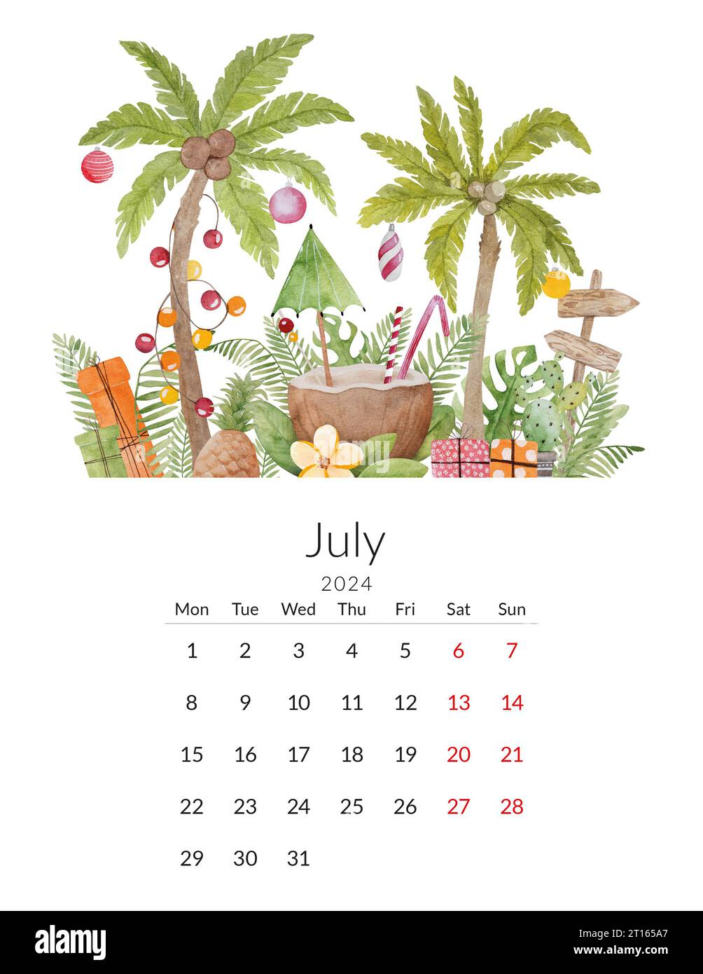 July 2024 calendar template. Handmade watercolor tropical