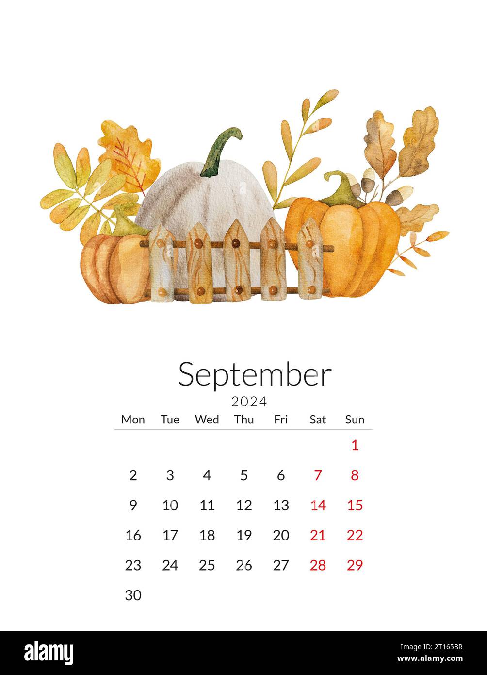 September 2024 calendar template. Handmade watercolor autumn