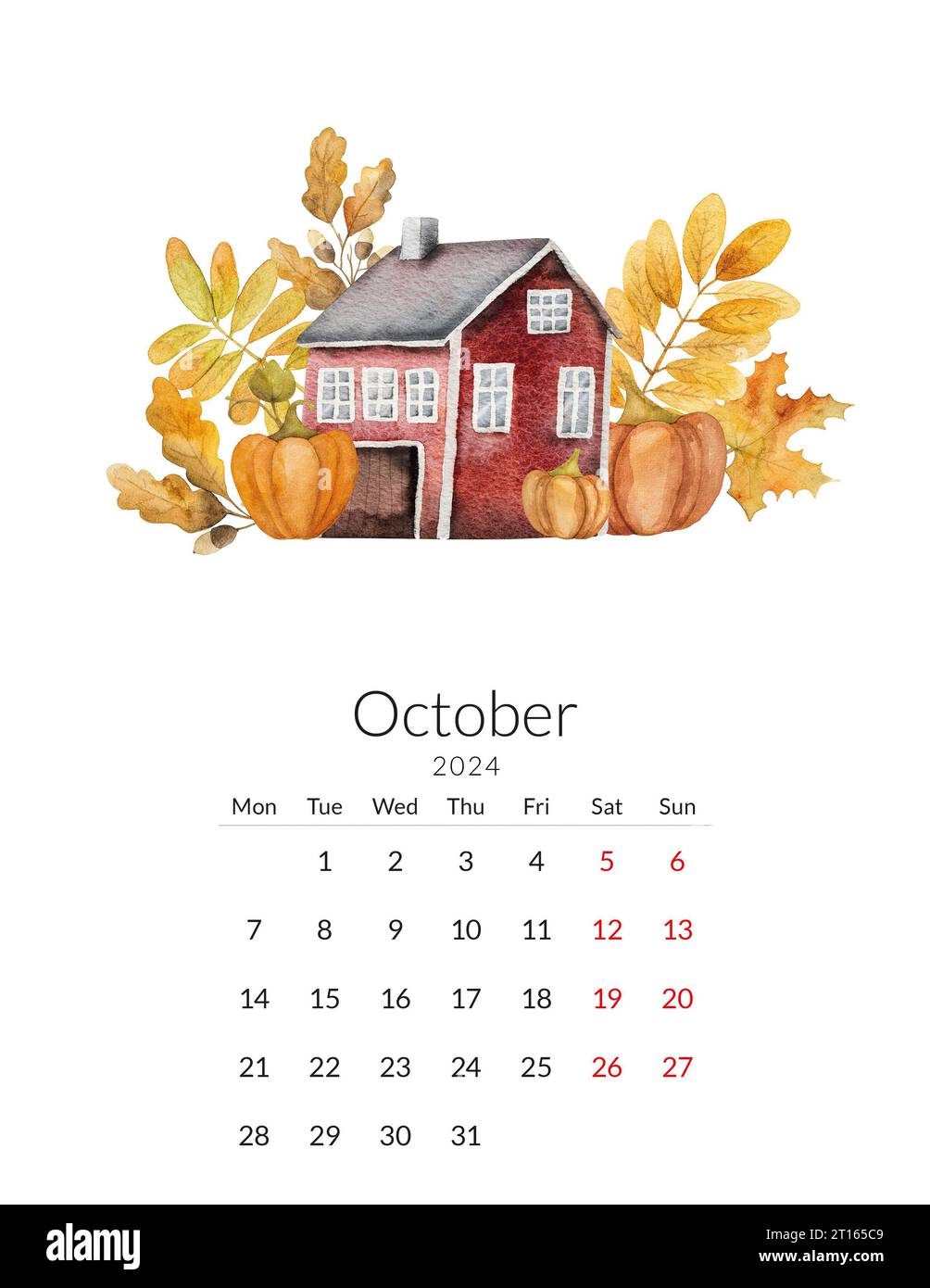 October 2024 calendar template. Handmade watercolor autumn