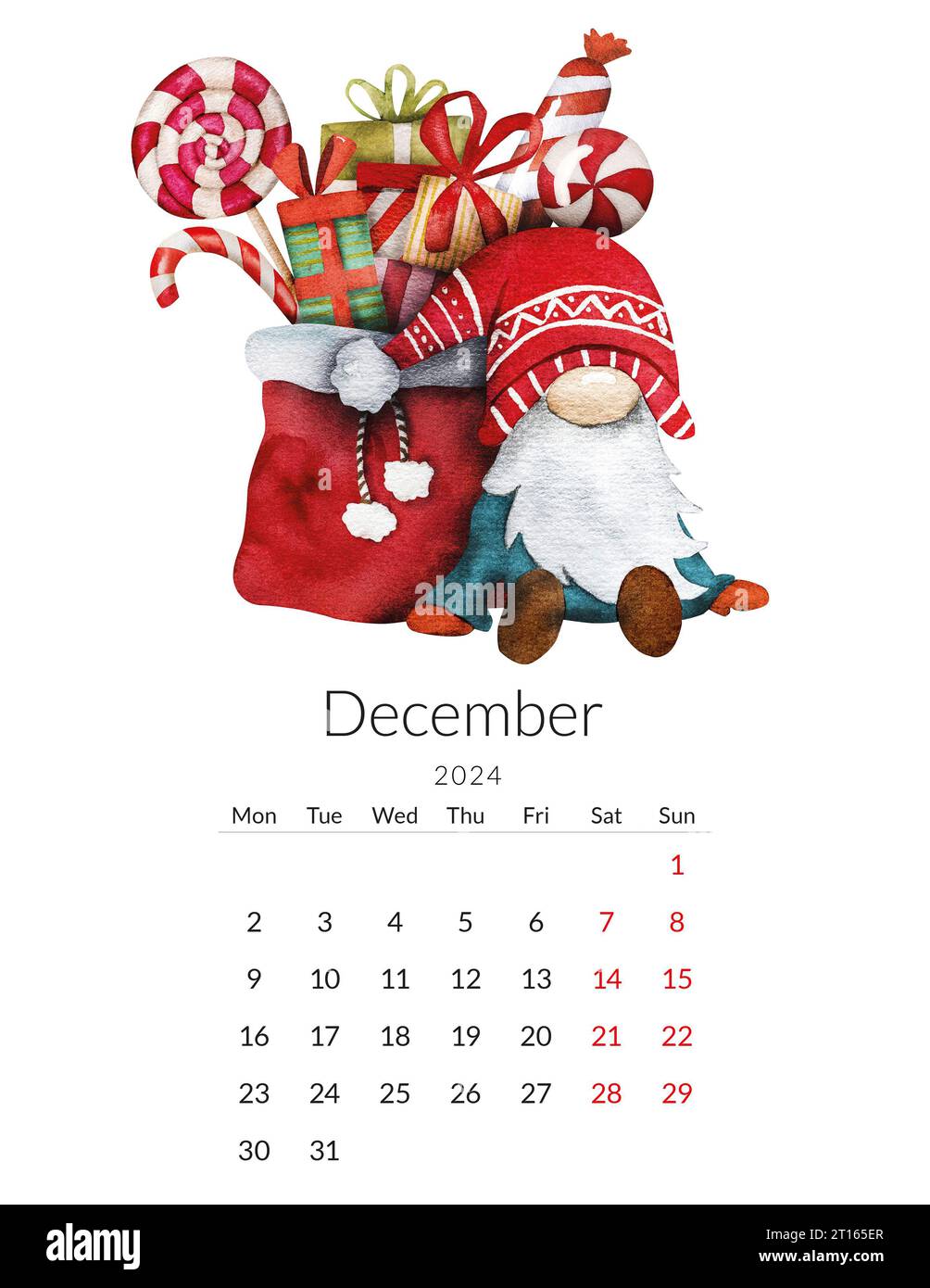 December 2024 calendar template. Handmade watercolor Christmas gnome