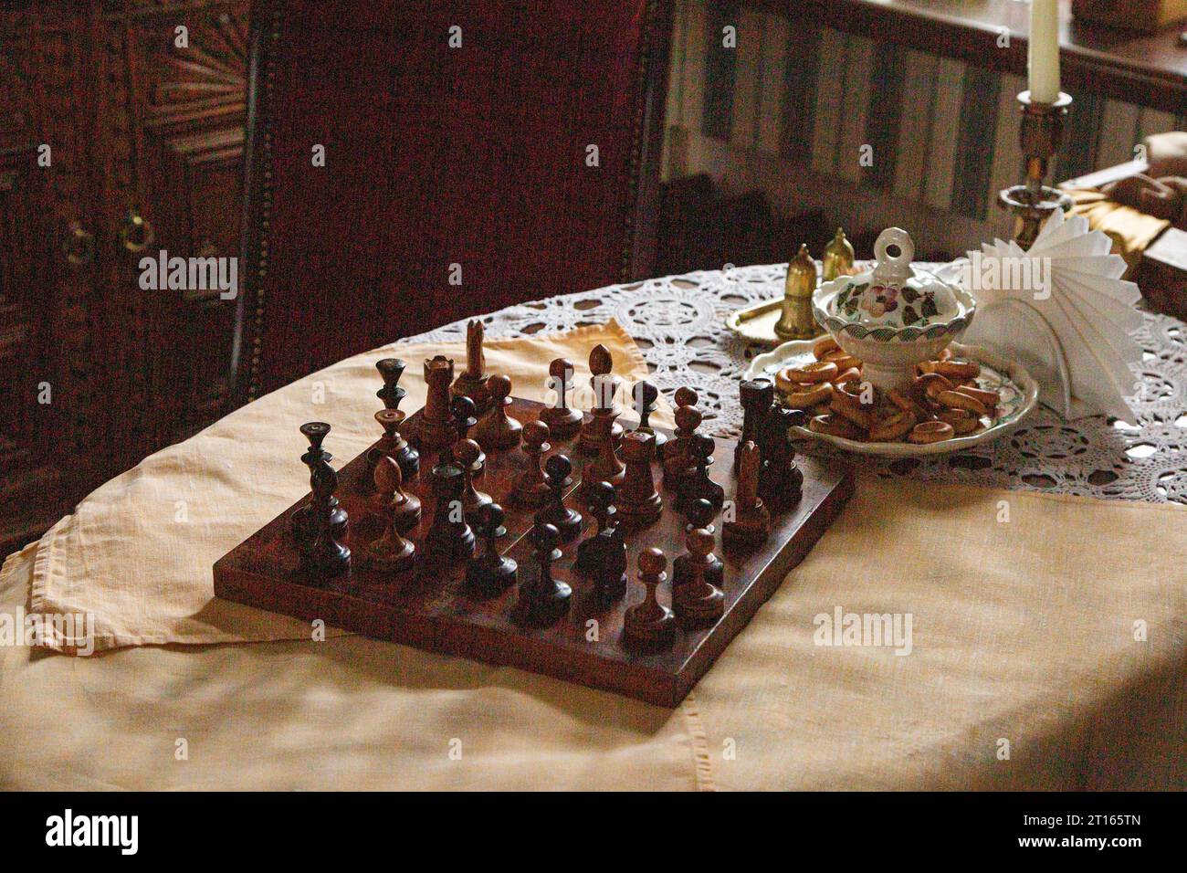 wooden chess pieces are in the interior Stock Photo - Alamy