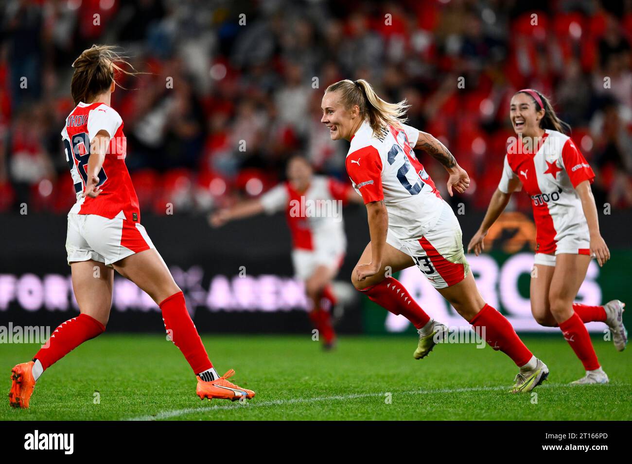 Marjolen Wafula Nekesa of Slavia (left) celebrates goal during the final  round of women Champions