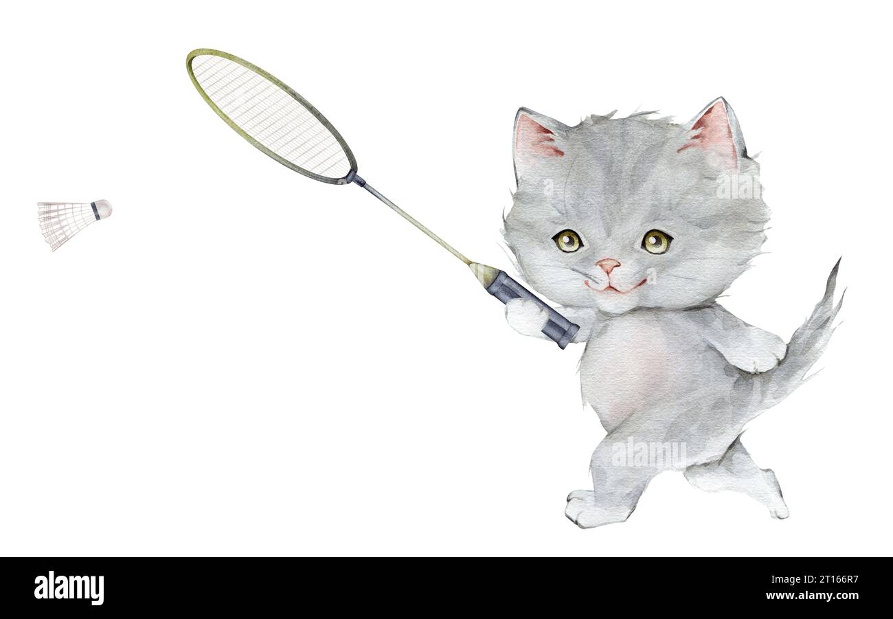 Little fluffy grey kitten badminton player holding racket watercolor ...