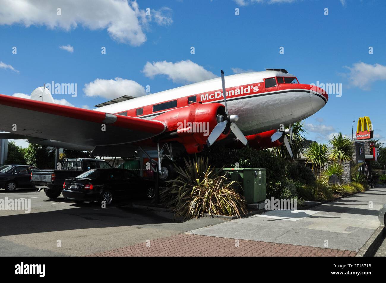 Douglas DC-3 Dakota airplane converted for use as part of the McDonald's restaurant at Taupo, New Zealand. Plane, serial ZK-CAW Stock Photo