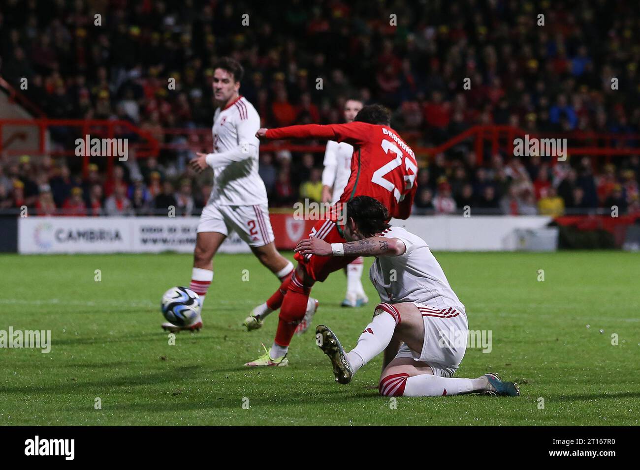 Wrexham, UK. 11th Oct, 2023. Nathan Broadhead of Wales (23) shoots and scores his teams 3rd goal