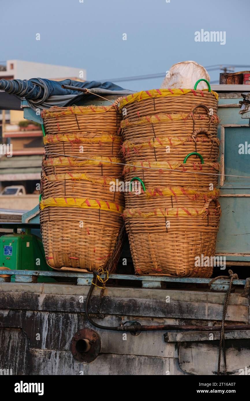 Phong Dien Floating Market Scene, near Can Tho, Vietnam. Baskets. Stock Photo