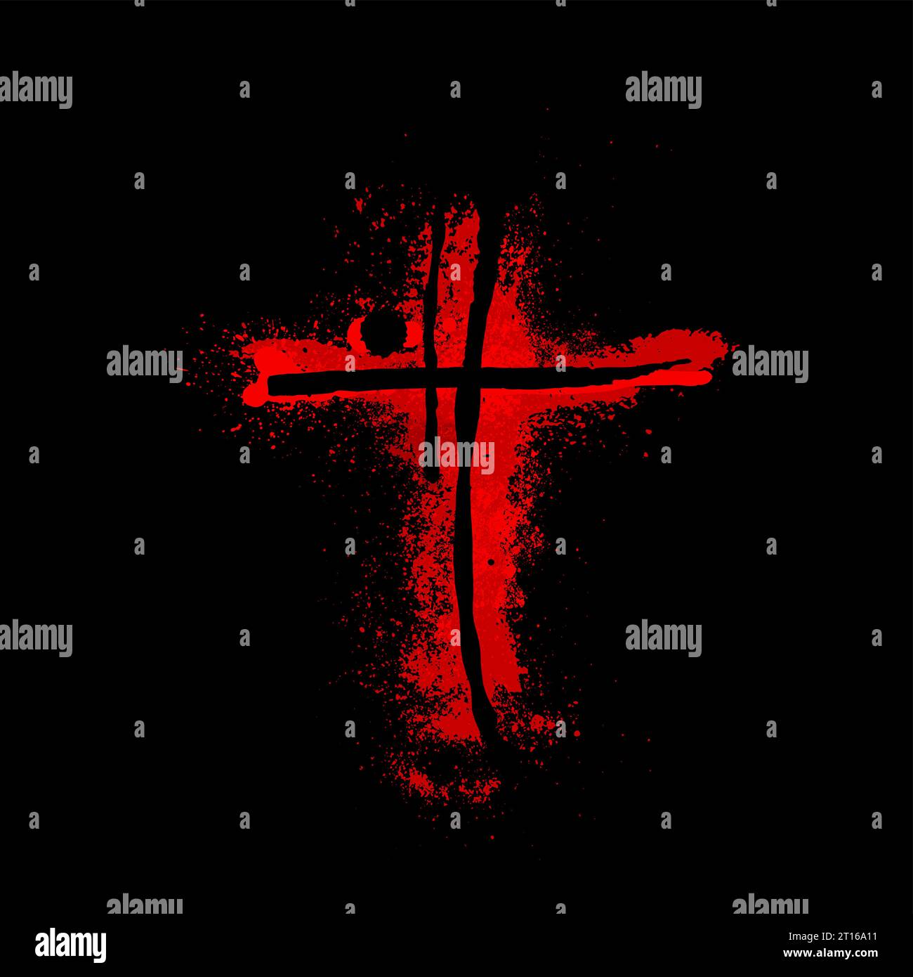 Red religious cross on a black background. bloody cross, hand drawing. Not AI, Illustrat3. Vector illustration Stock Vector