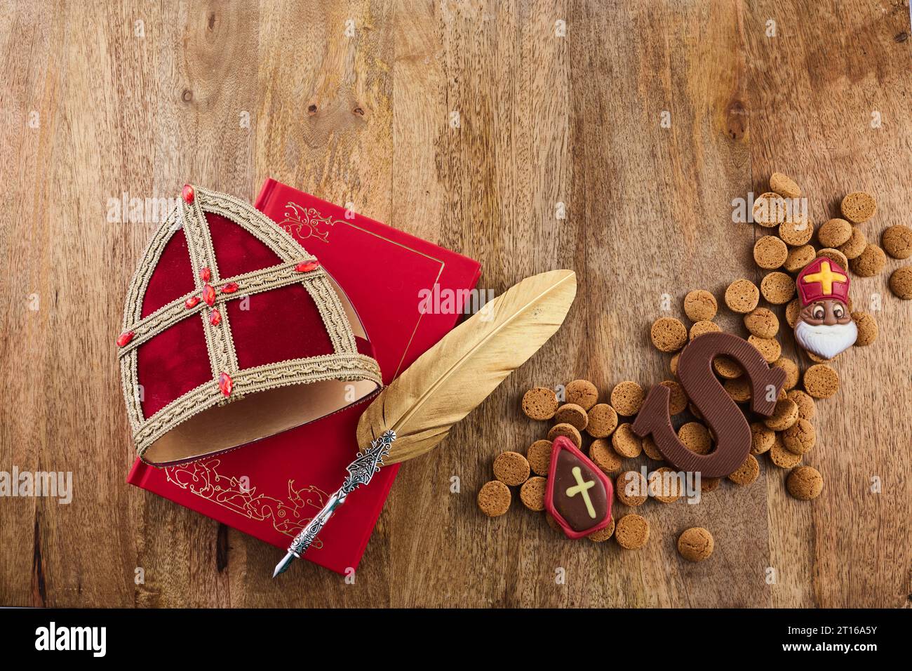 Dutch holiday Sinterklaas background with mitre or mijter staff and ...