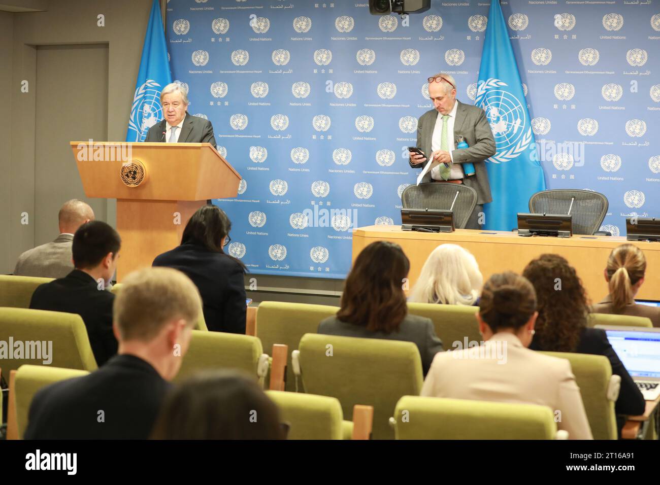 United Nations, Rear) speaks during a press briefing at the UN ...