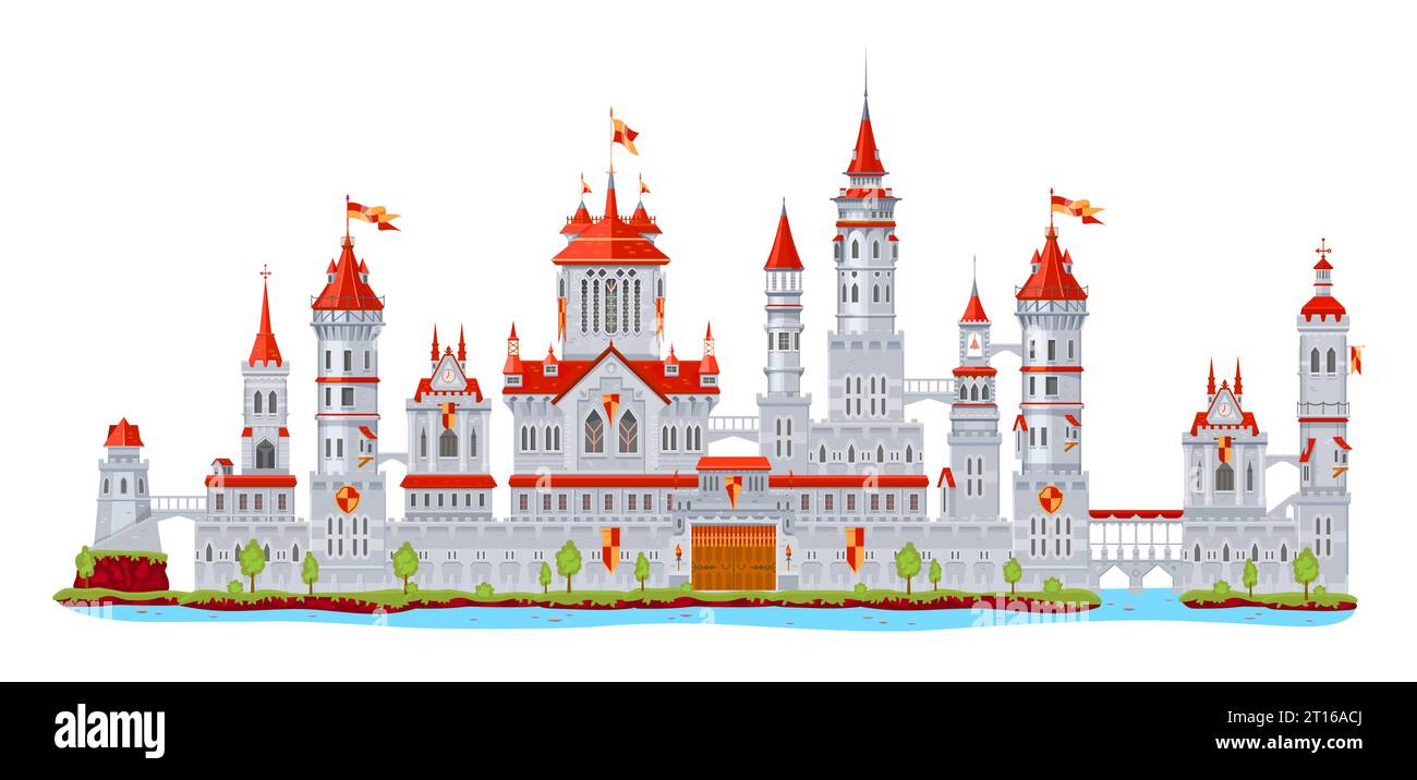 Medieval fortress castle building with walls and palace gate or tower turret and bridge, vector fort. Cartoon fantasy kingdom building and fairy tale fortress castle or royal town and citadel fort Stock Vector