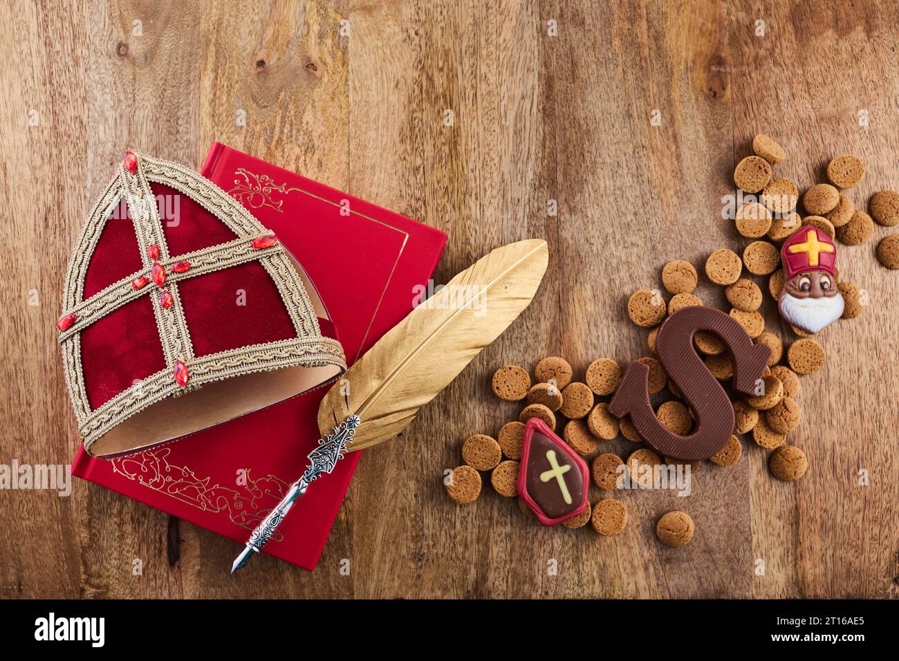 Dutch holiday Sinterklaas background with mitre or mijter staff and ...