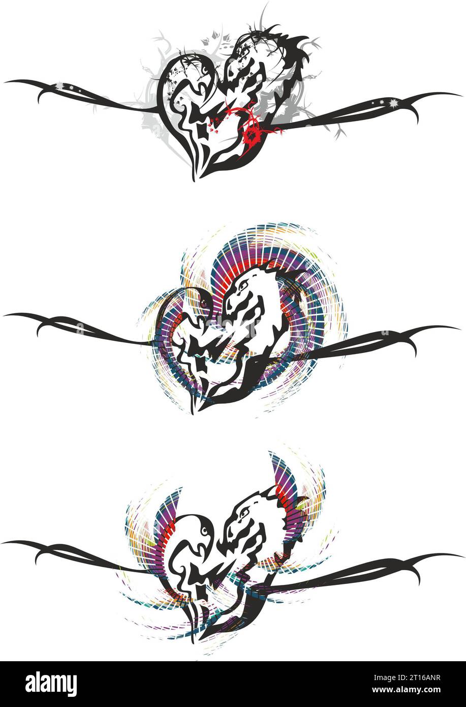 Ornate hearts created by dragon and eagle elements on white. Tribal symbols of love for emblems, embroidery, fabric, prints, fashion trends, stickers Stock Photo