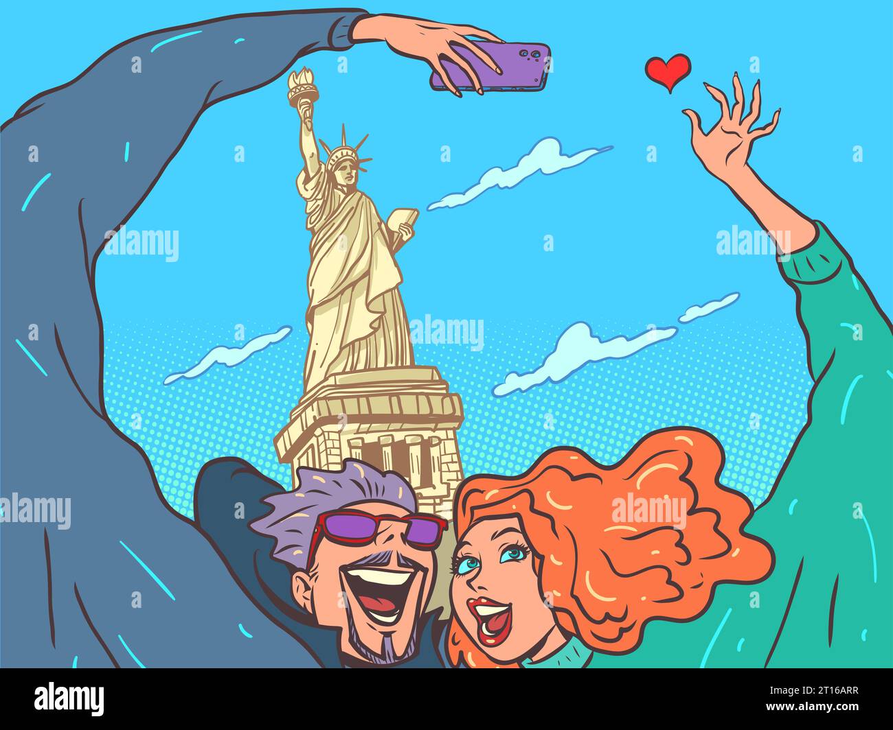Visit the sights of America. Travel around the world on your honeymoon. A man and a girl are photographed against the backdrop of the Statue of Stock Vector