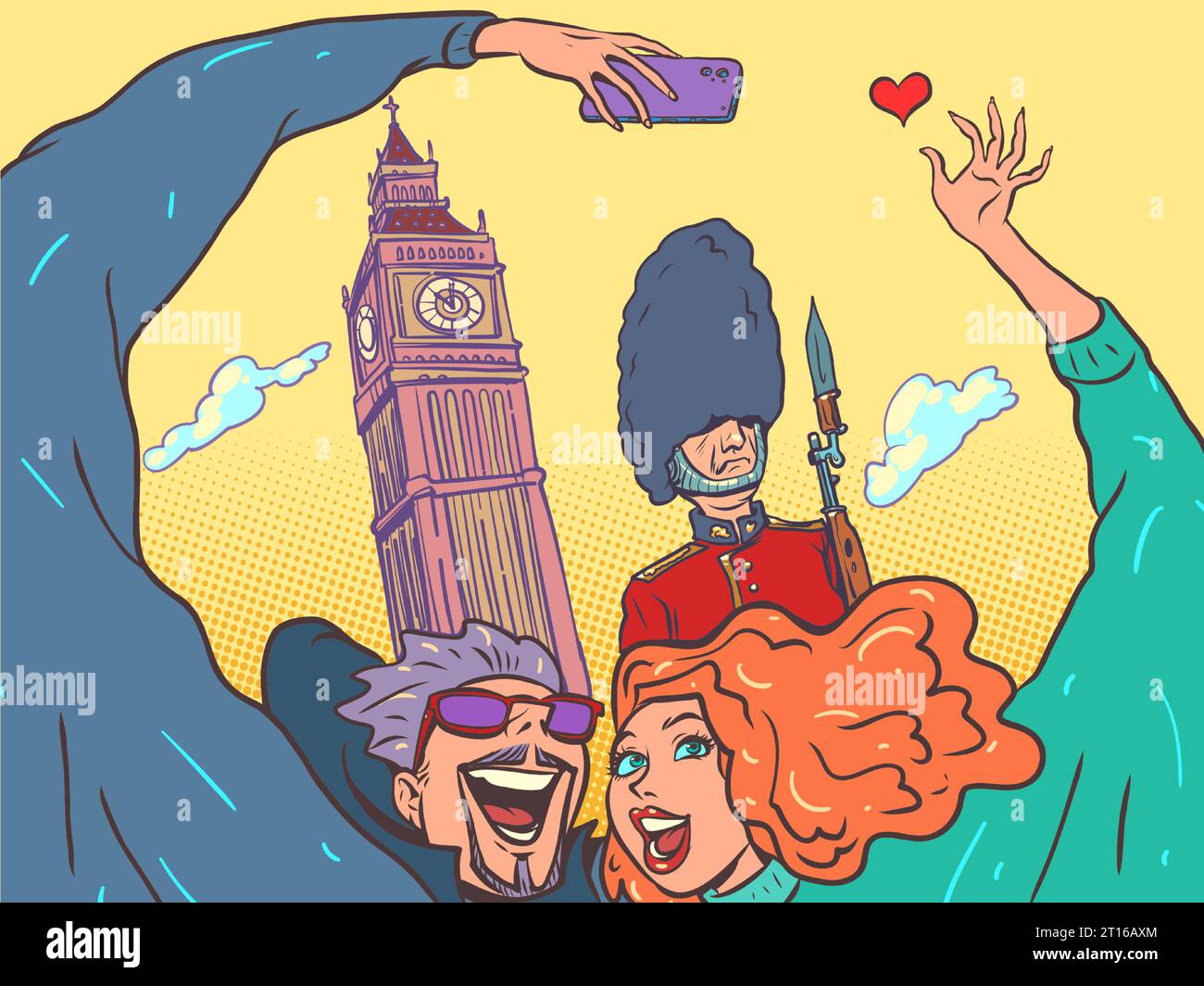 Visit the sights of England. Travel around the world on your honeymoon. A man and a girl are photographed against the backdrop of Big Ben and the Stock Vector