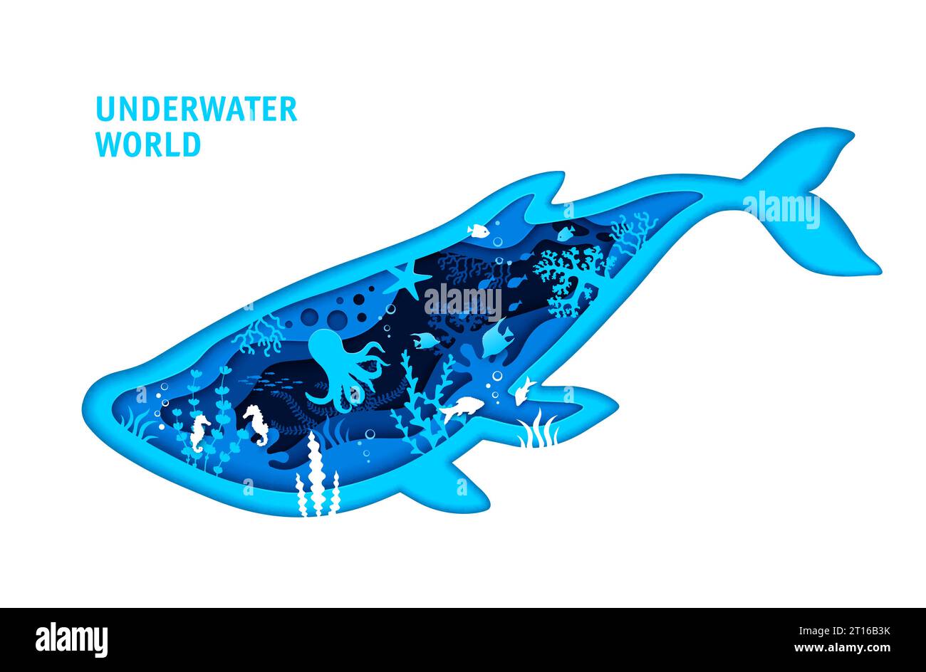 Ocean blue whale silhouette and sea paper cut landscape. Ocean ...